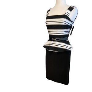 Striped Black & White Peplum Belted Dress Womens Sleeveless Knee-Length NWT